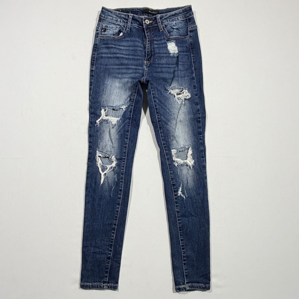 KanCan Distressed Skinny Jeans Womens 27 Medium Wash Shredded Knee Y2K Grunge